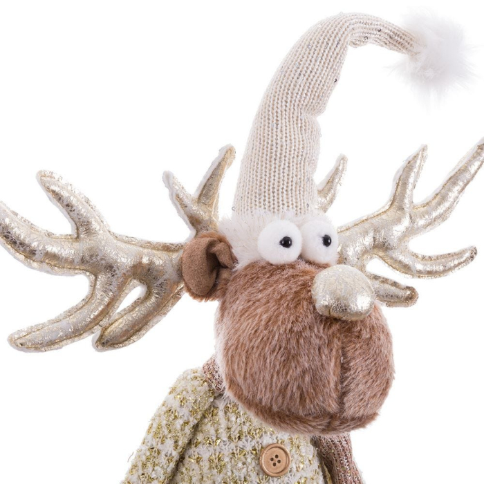 Ren cu picioare extensibile din textil cu căciulă albă tricotată coarne lucioase șampanie vestă bej cu model [5]