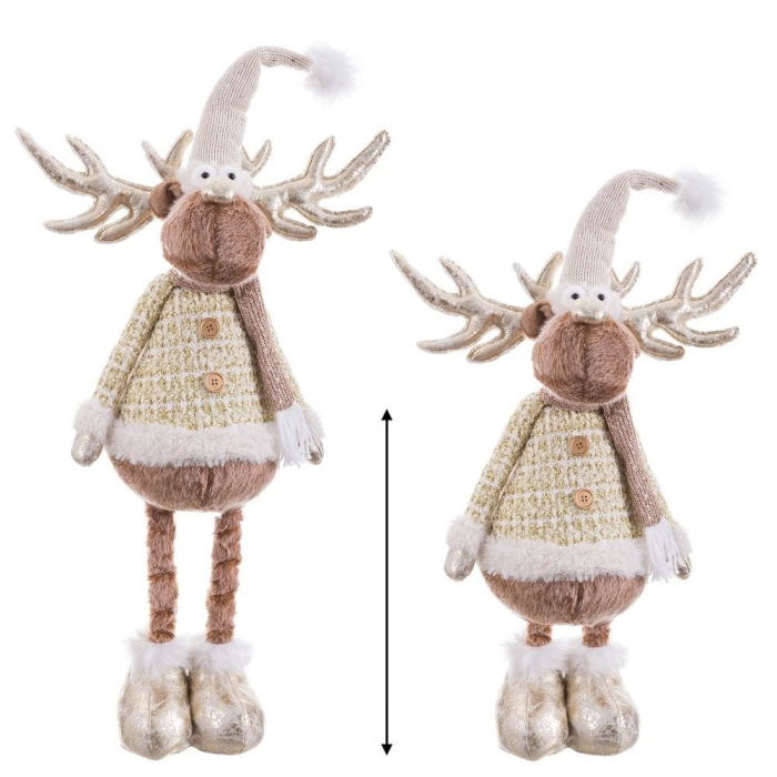 Ren cu picioare extensibile din textil cu căciulă albă tricotată coarne lucioase șampanie vestă bej cu model [4]
