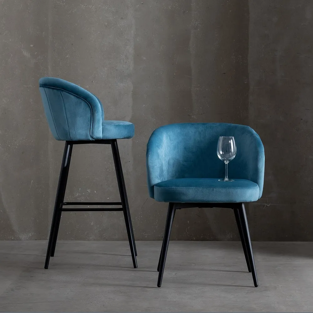 Scaune bar din catifea bleu cu picioare metalice negre – set 2 bucăți [3]