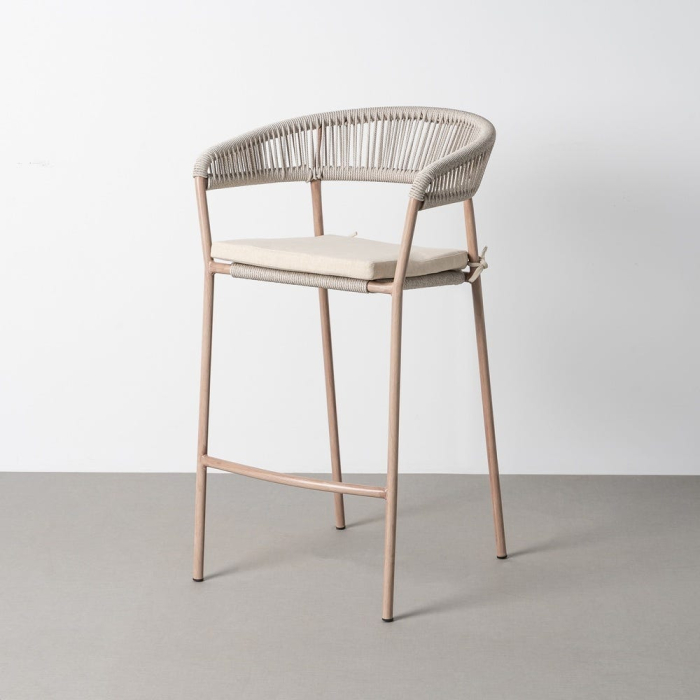 Scaun bar exterior HoReCa din ratan sintetic bej cu pernă detașabilă și structură din oțel [2]