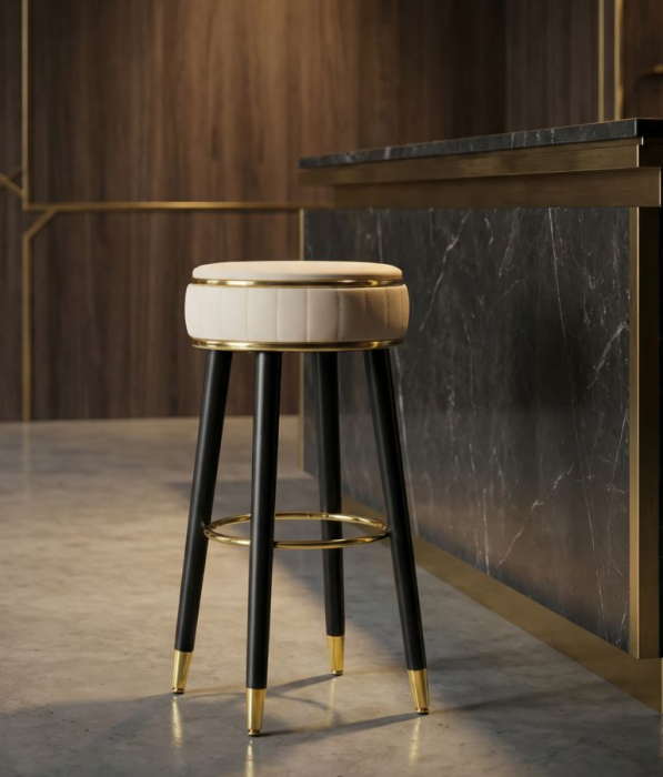 Scaun de bar tapițat crem cu picioare negre și detalii aurii design elegant [2]