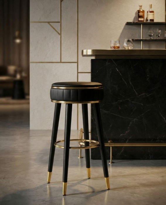 Scaun de bar tapițat negru cu picioare negre și detalii aurii design elegant [6]