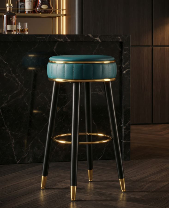 Scaun de bar tapițat verde petrol cu picioare negre și detalii aurii design modern [2]