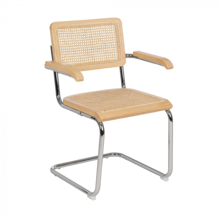 Scaun dining metal cromat cu ratan natural și brațe lemn – stil mid-century modern [2]