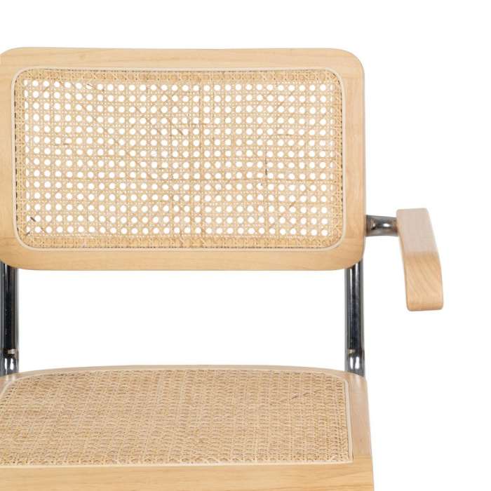Scaun dining metal cromat cu ratan natural și brațe lemn – stil mid-century modern [5]