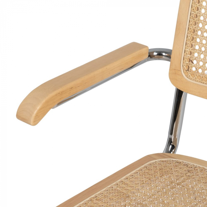 Scaun dining metal cromat cu ratan natural și brațe lemn – stil mid-century modern [7]
