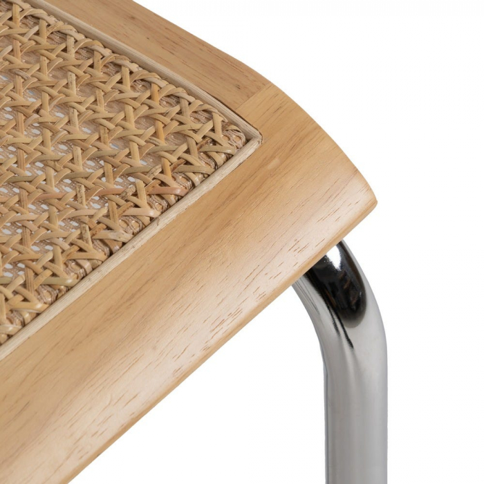 Scaun dining metal cromat cu ratan natural și brațe lemn – stil mid-century modern [8]