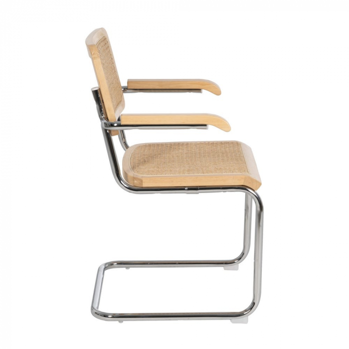 Scaun dining metal cromat cu ratan natural și brațe lemn – stil mid-century modern [3]
