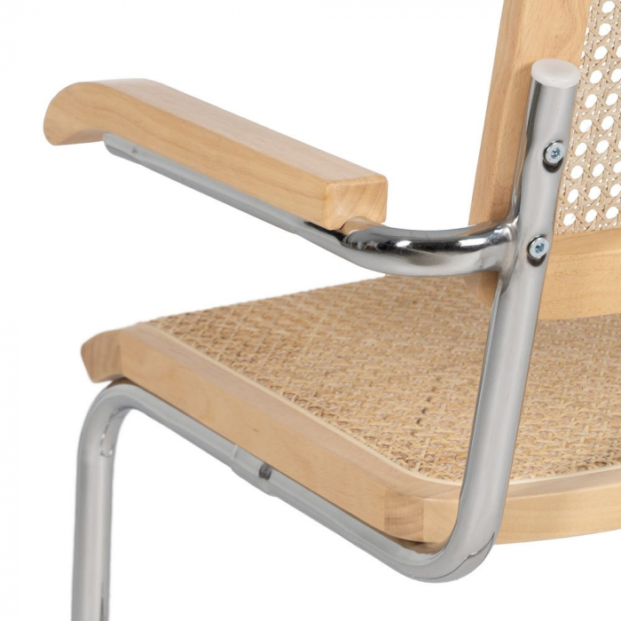 Scaun dining metal cromat cu ratan natural și brațe lemn – stil mid-century modern [9]