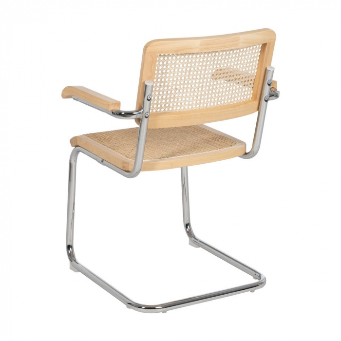Scaun dining metal cromat cu ratan natural și brațe lemn – stil mid-century modern [4]