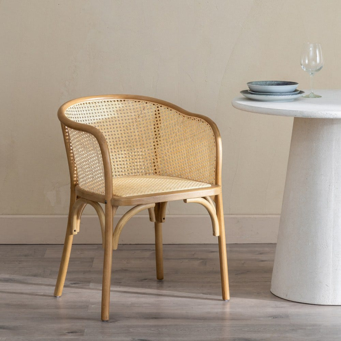 Scaunul dining din lemn de ulm natural cu brate si spatar si sezut din ratan impletit pentru interior 56x58x77 cm [2]