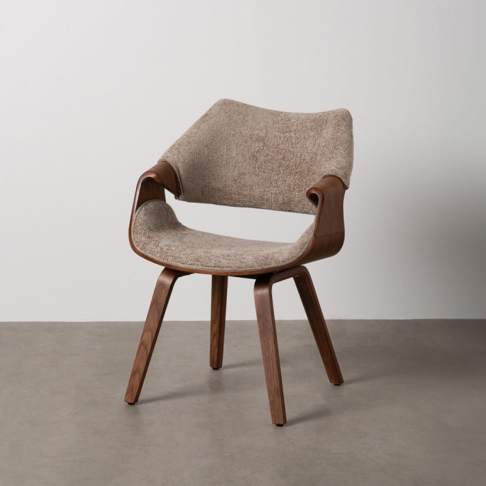 Scaun dining cu brațe bej maro din lemn cu șezut din stofă [1]