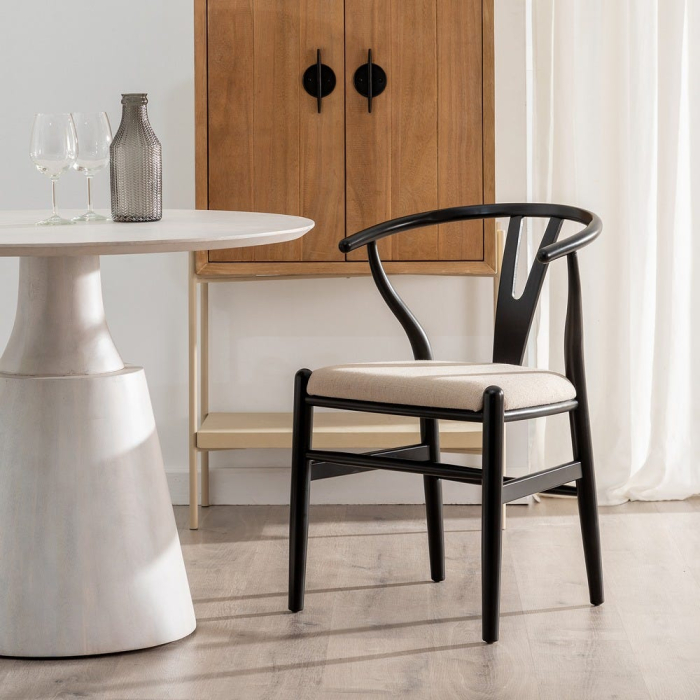 Scaunul dining din lemn de fag negru cu sezut tapitat din stofa crem 53x55x80 cm [2]