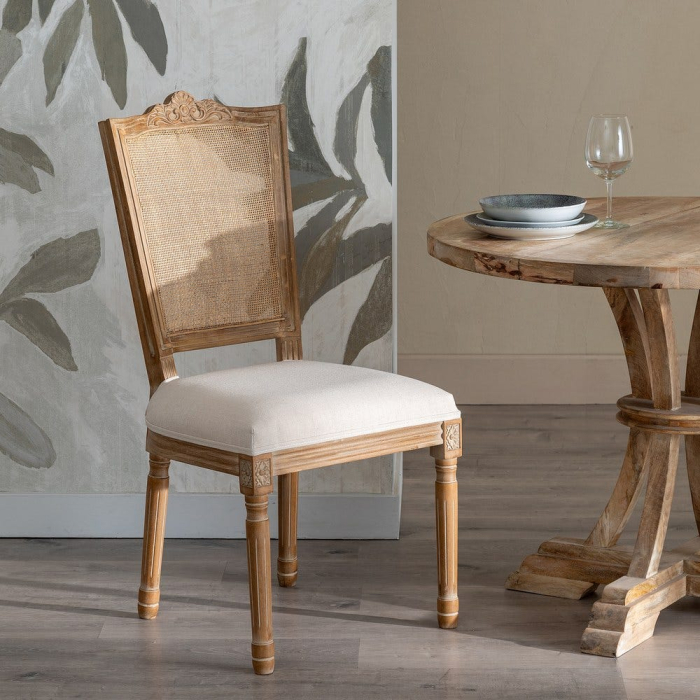 Scaun dining din ratan și lemn natural cu șezut din in coroană sculptată și spătar împletit [2]
