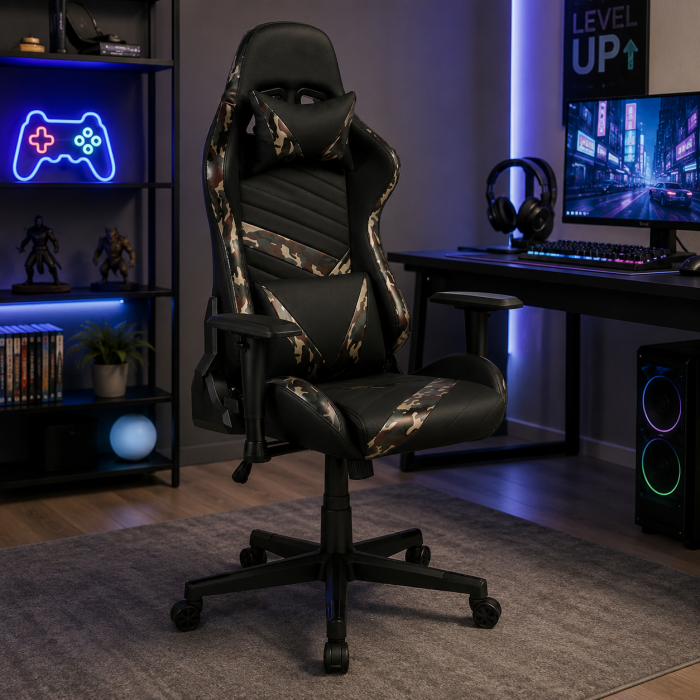 Scaun gaming ergonomic de birou camuflaj Dyskord cu tetieră și pernă lombară [2]