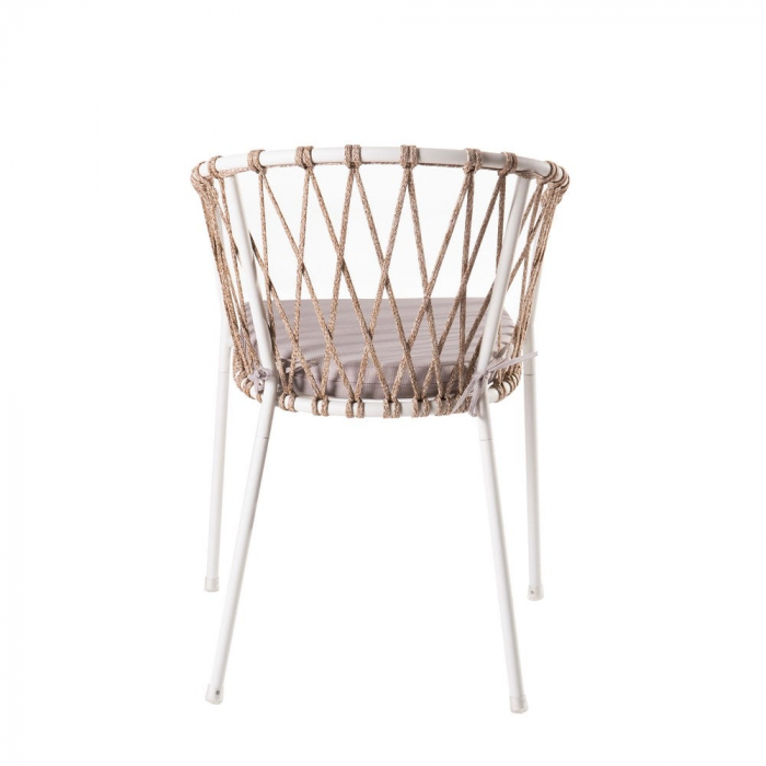 Scaun Myra Blanco Topo cu structură albă, împletitură decorativă topo și pernă crem, ideal pentru terase boho chic și lounge-uri relaxate [4]