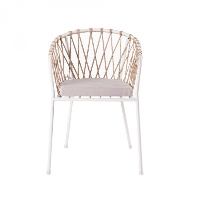Scaun Myra Blanco Topo cu structură albă, împletitură decorativă topo și pernă crem, ideal pentru terase boho chic și lounge-uri relaxate [2]
