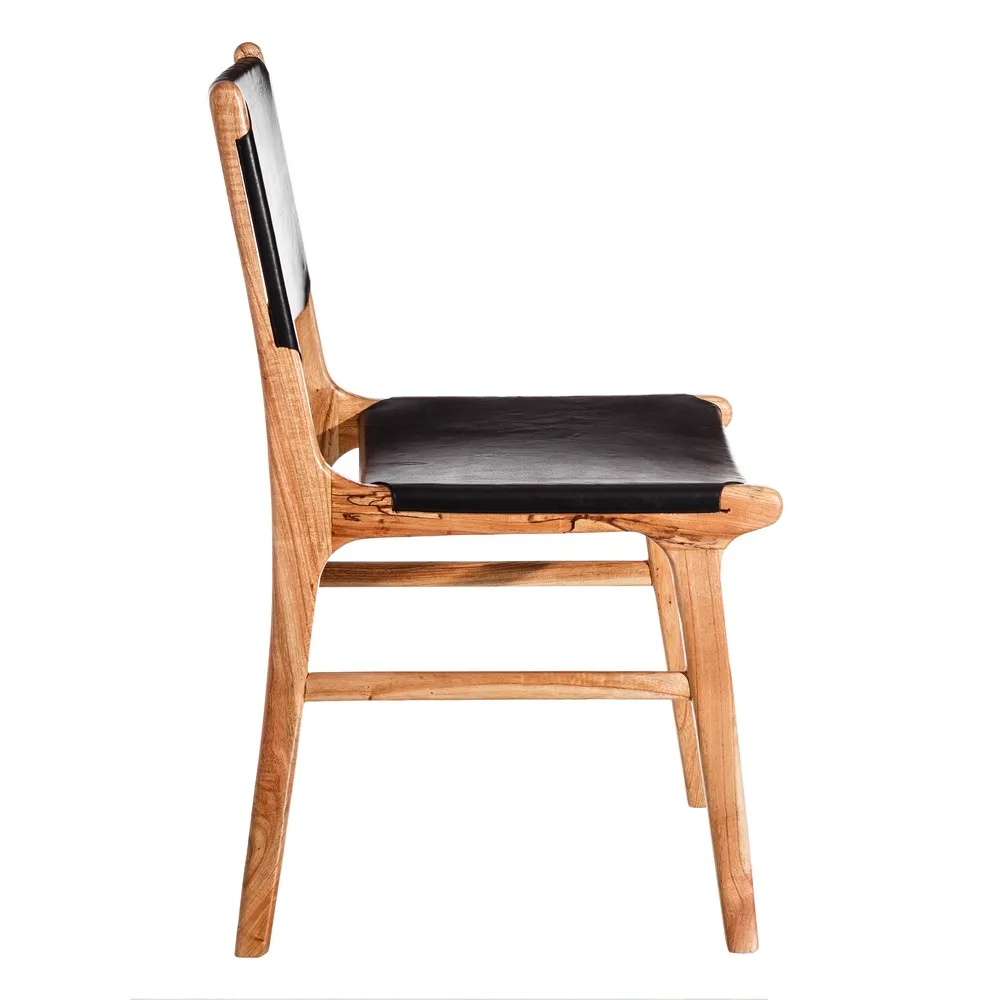 Scaun din lemn masiv de tec cu piele naturală neagră rustic modern [3]