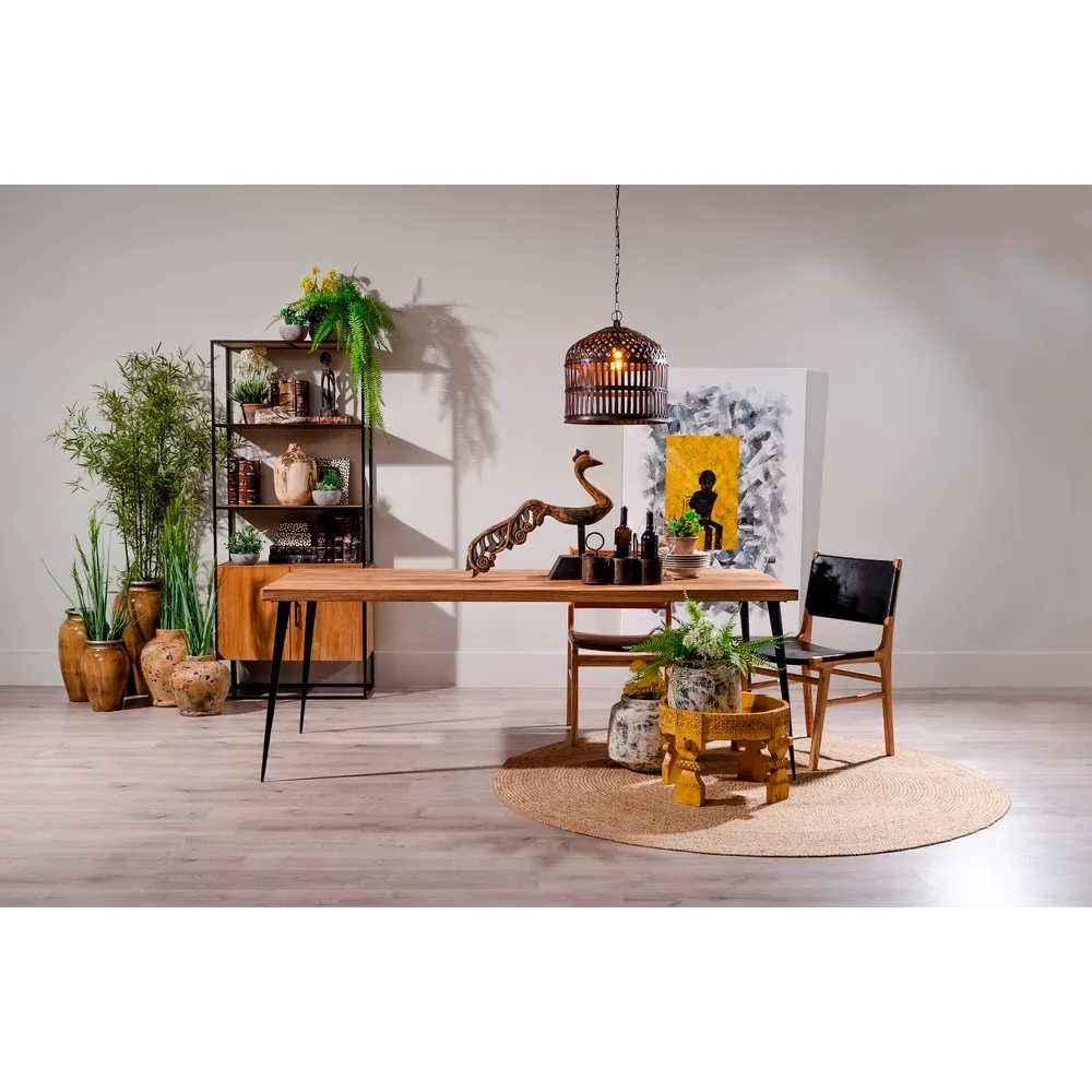 Scaun din lemn masiv de tec cu piele naturală neagră rustic modern [9]