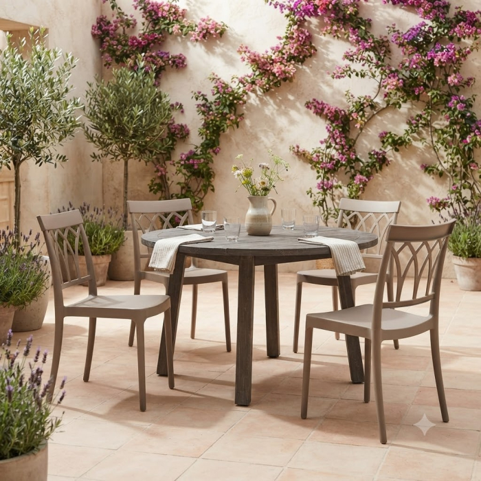 Scaun stivuibil taupe pentru exterior și interior, polipropilenă rezistentă UV, design modern [2]