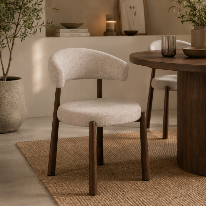Scaun tapițat bej cu picioare metalice efect lemn [2]