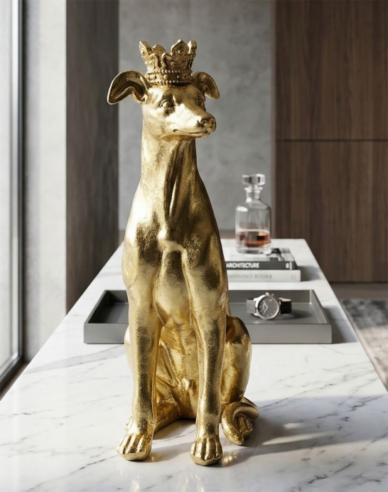 Sculptură decorativă câine auriu lucios cu coroană regală [2]