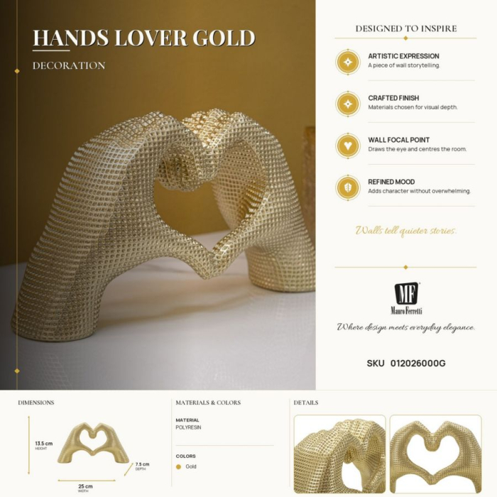 Sculptură decorativă cu două mâini care formează o inimă goală, auriu texturat în relief fin [8]