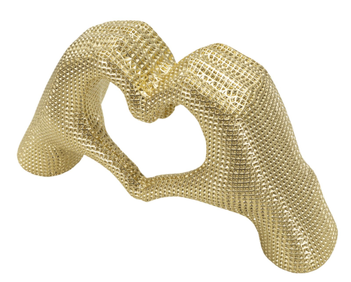Sculptură decorativă cu două mâini care formează o inimă goală, auriu texturat în relief fin [3]
