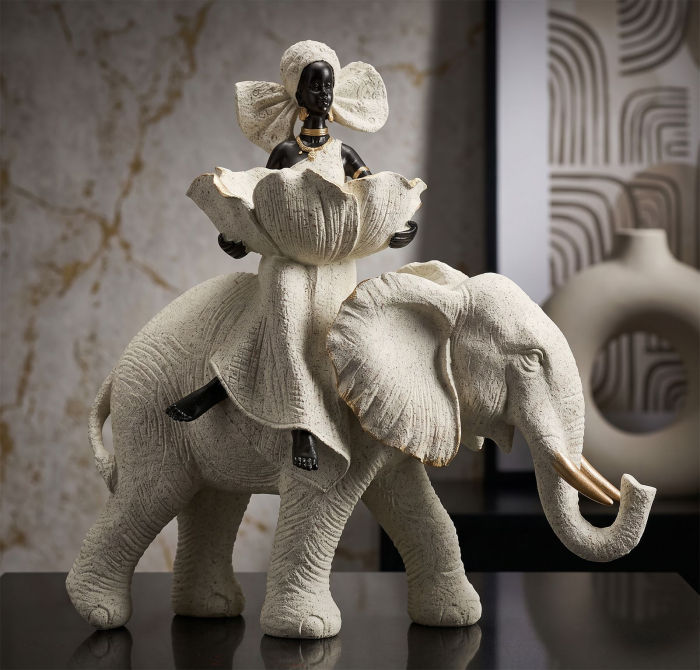 Sculptură decorativă etnică cu femeie africană pe elefant [7]