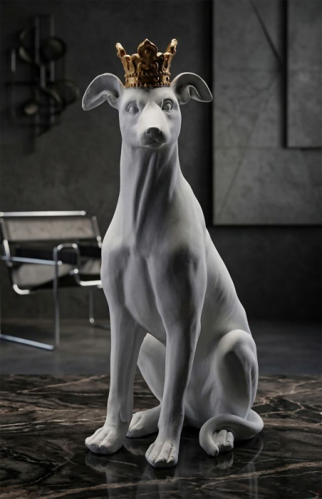 Sculptură decorativă câine alb cu coroană aurie [2]