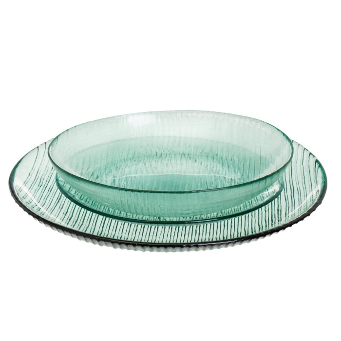 Set de douăsprezece farfurii mici din sticlă reciclată verde pal, cu dungi fine [3]