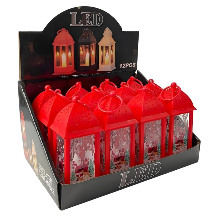 Set 12 felinare roșii din plastic cu lumină cu Moș Crăciun și ren în geam în cutie [3]