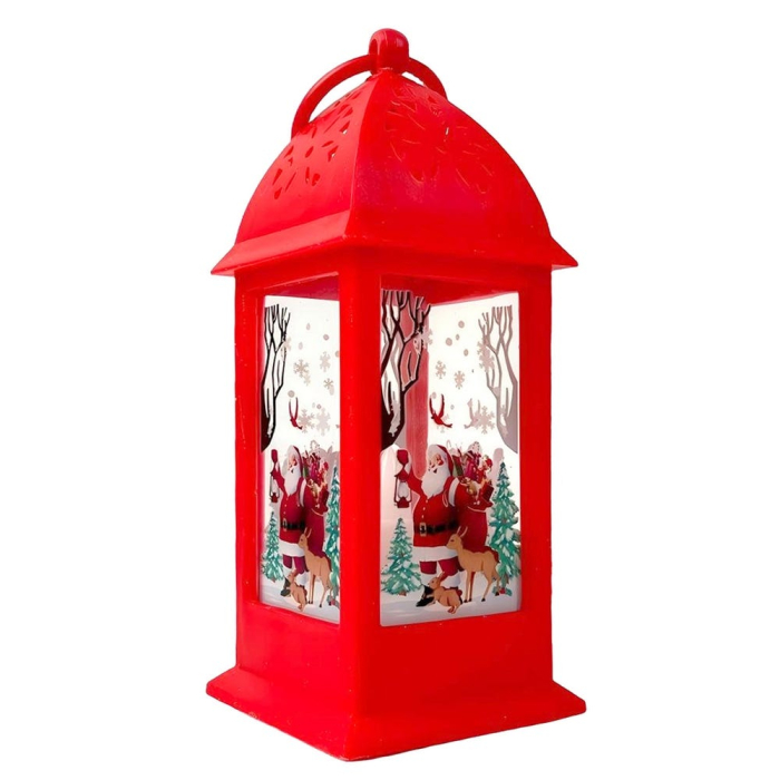 Set 12 felinare roșii din plastic cu lumină cu Moș Crăciun și ren în geam în cutie [2]