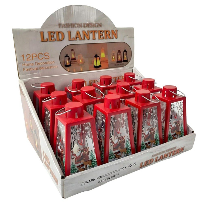 Set 12 felinare trapezoidale roșii din plastic cu lumină cu Moș Crăciun și ren în geamuri [3]
