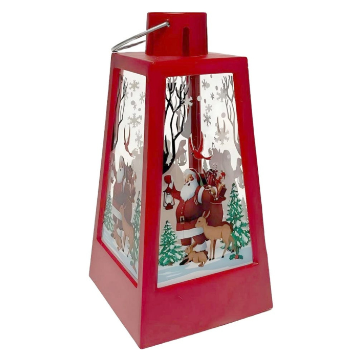 Set 12 felinare trapezoidale roșii din plastic cu lumină cu Moș Crăciun și ren în geamuri [2]