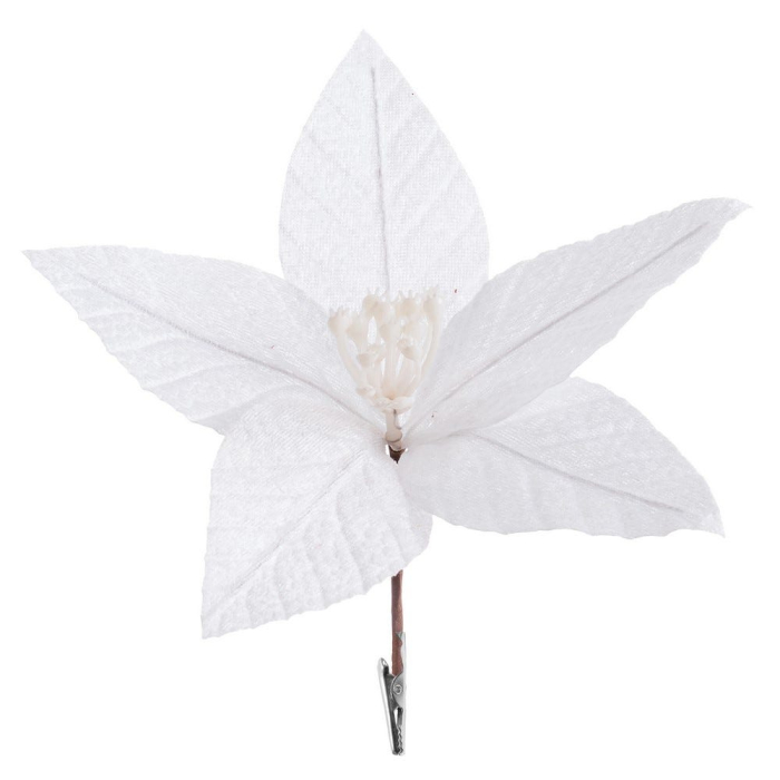 Set 12 flori poinsettia albe cu clemă din textil cu petale pliate fin miez de stamine albe [2]
