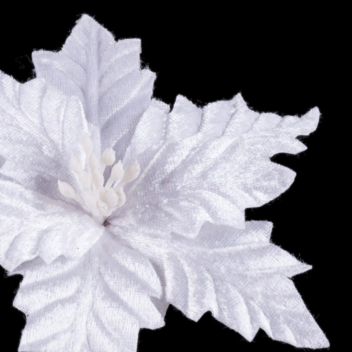 Set 12 flori poinsettia albe din textil cu petale lucioase nervurate miez alb de stamine și tijă flexibilă [2]