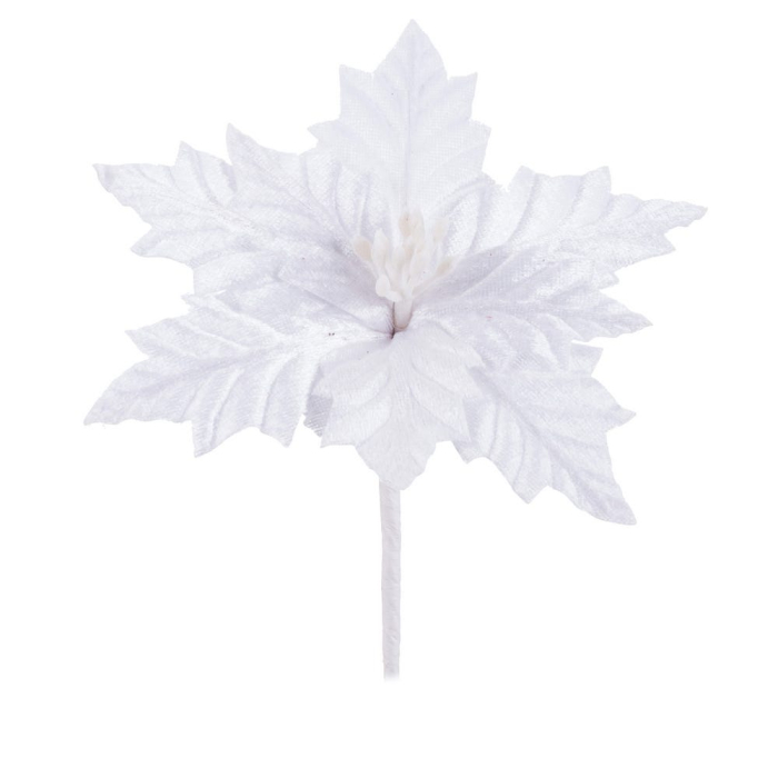 Set 12 flori poinsettia albe din textil cu petale lucioase nervurate miez alb de stamine și tijă flexibilă [3]