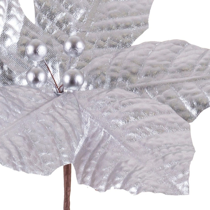 Set 12 flori poinsettia argintii din textil cu cinci petale late metalizate bobițe argintii și tijă lungă [2]