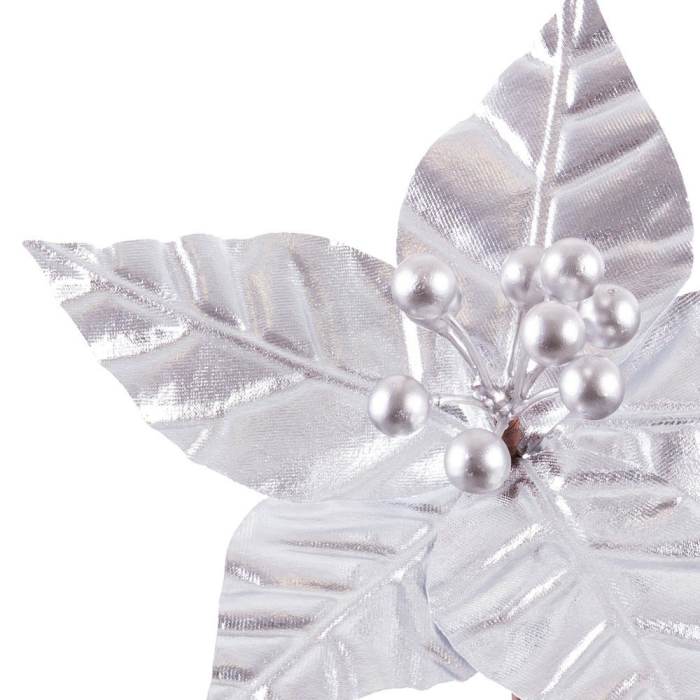 Set 12 flori poinsettia argintii din textil cu cinci petale nervurate și ciorchine de bobițe argintii pe tijă [2]