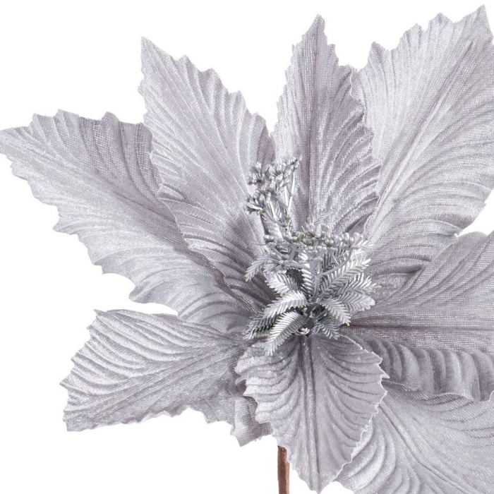 Set 12 flori poinsettia argintii din textil cu petale foarte mari pliate stamine metalice în centru și tijă [2]