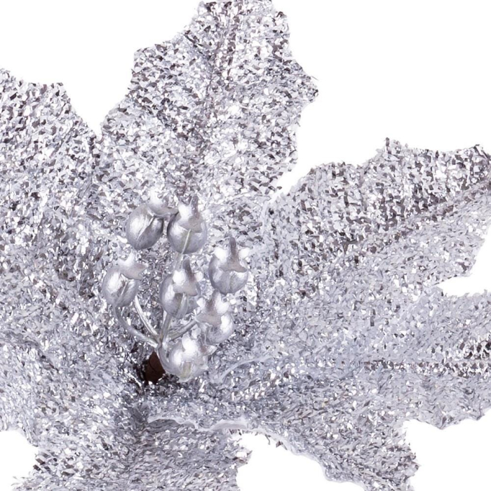 Set 12 flori poinsettia argintii din textil cu petale acoperite cu sclipici fin ciorchine de perle și tijă [2]