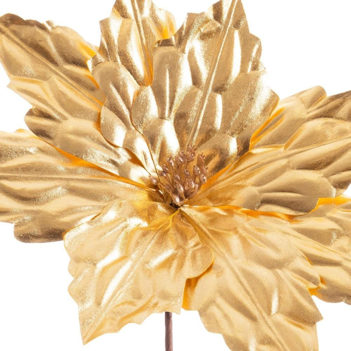 Set 12 flori poinsettia aurii metalizate din textil cu petale mari lucioase miez de stamine aurii și tijă [2]