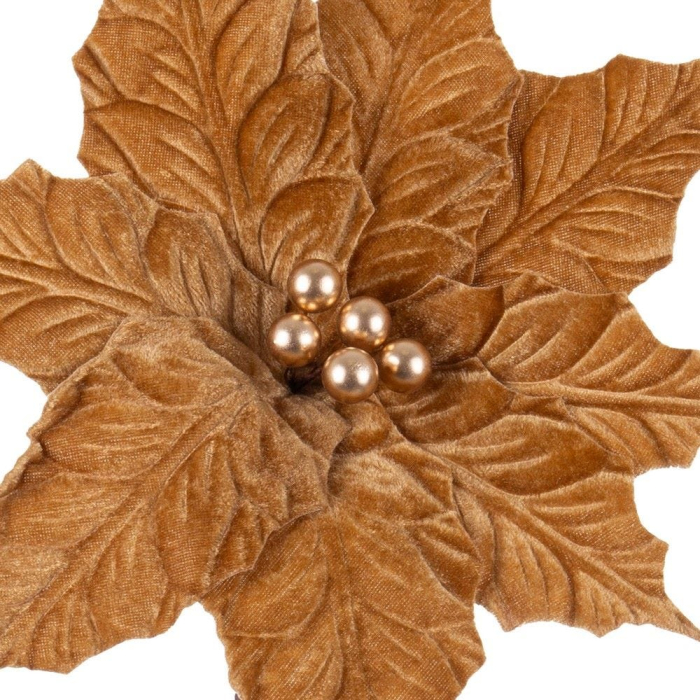 Set 12 flori poinsettia caramel auriu din textil cu opt petale cu aspect de catifea și perle aurii [2]