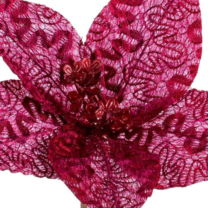 Set 12 flori poinsettia grena cu model de dantelă pe petale miez de bobițe roșii și clemă [2]