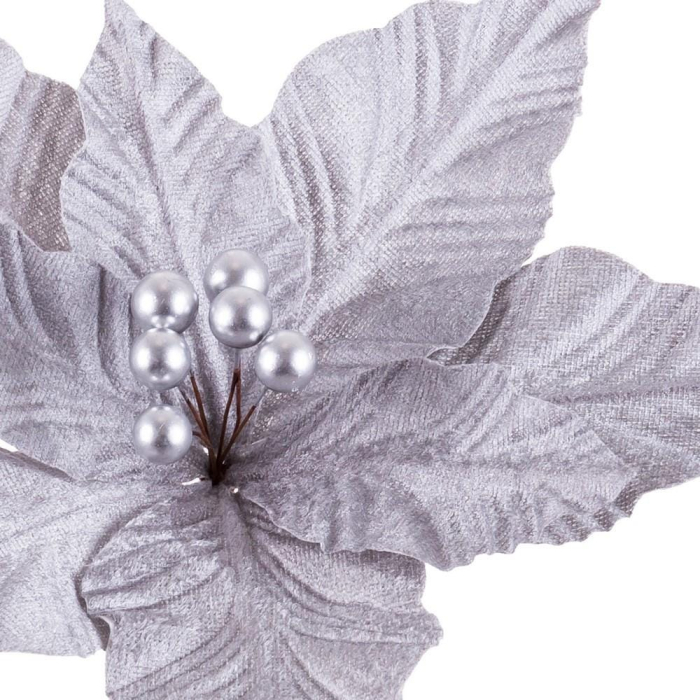 Set 12 flori poinsettia gri argintiu din textil cu petale mari unduite buchet de perle argintii și tijă [2]