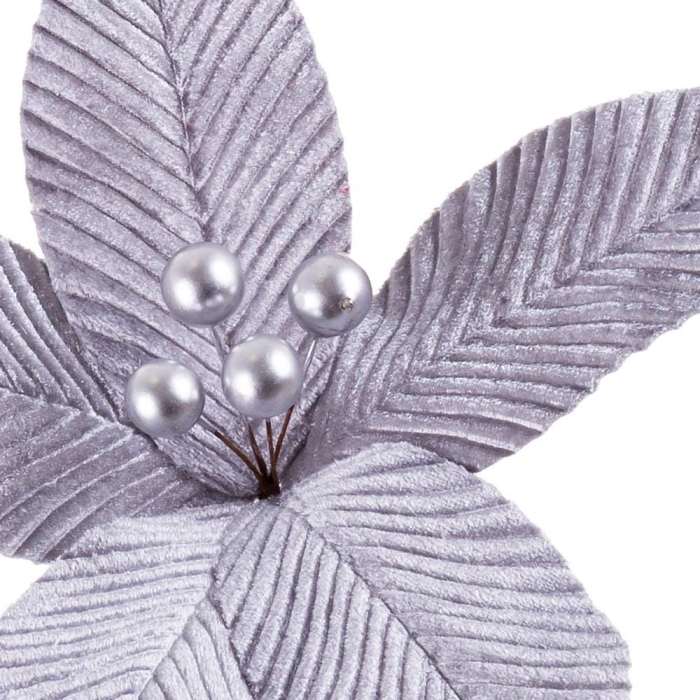 Set 12 flori poinsettia gri argintiu din textil cu cinci petale nervurate fin și trei perle argintii [2]