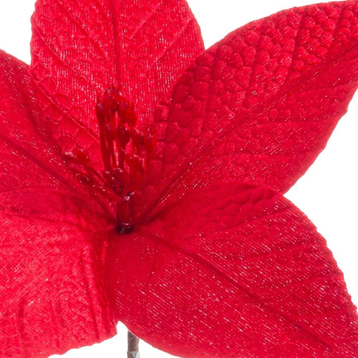 Set 12 flori poinsettia roșii cu clemă din textil cu petale cu fir de sclipici și miez roșu [2]