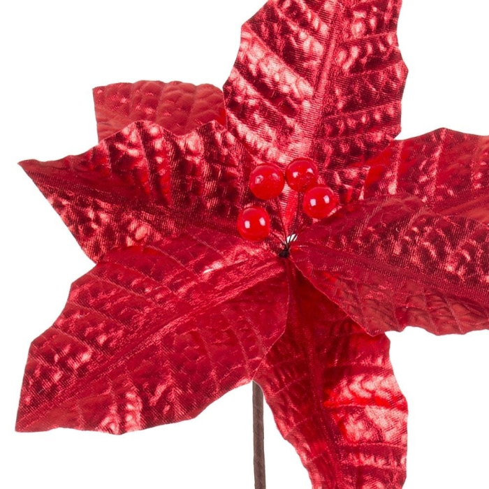 Set 12 flori poinsettia roșii din textil cu cinci petale late metalizate bobițe roșii lucioase și tijă lungă [2]