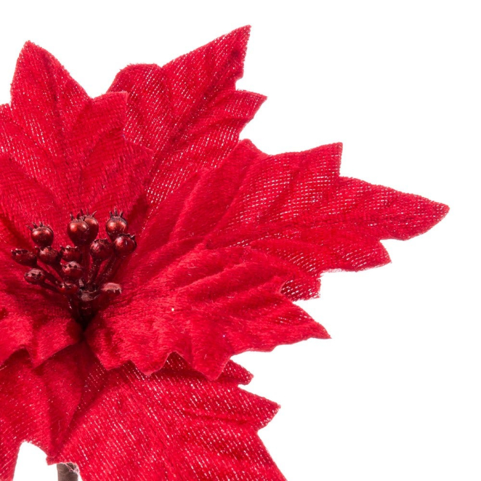 Set 12 flori poinsettia roșii din textil cu petale cu aspect de catifea miez de bobițe și tijă [2]